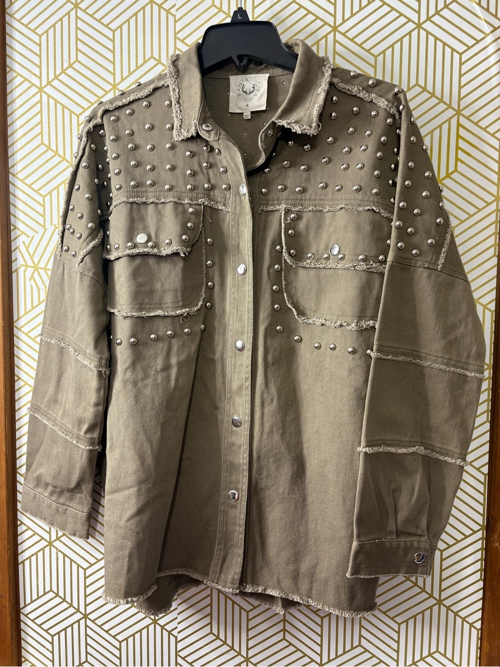 Fantastic fawn olive green studded denim jacket medium